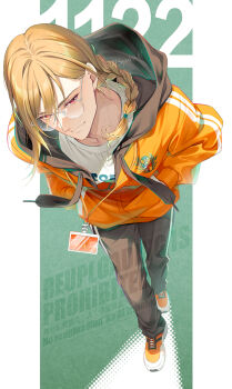 1boy black_pants braid brown_hair closed_mouth commentary dated full_body glasses hands_in_pockets highres hood hood_down hoodie id_card jade_curtiss light_smile long_hair long_sleeves looking_at_viewer male_focus official_alternate_costume official_alternate_hairstyle orange_hoodie pants red_eyes shirt shoes shuragyoku_mami single_braid sneakers solo tales_of_(series) tales_of_festival_2024 tales_of_the_abyss twitter_username walking watermark white_shirt