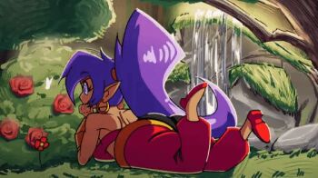 1girl animated animated_gif ass blue_eyes bra breasts bug butterfly dark-skinned_male dark_skin earrings flower grass insect jewelry long_hair lying majori0451 on_stomach pants pointy_ears ponytail purple_hair rose shantae shantae_(series) underwear very_long_hair water waterfall