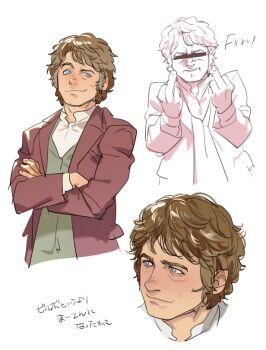1boy bar_censor bilbo_baggins blue_eyes brown_hair censored closed_mouth cocked_eyebrow collared_shirt commentary_request crossed_arms double_middle_finger furrowed_brow green_vest halfling jacket male_focus mature_male middle_finger multiple_views parted_lips profanity red_jacket shirt smile solo suit_jacket tatsumi_(psmhbpiuczn) the_hobbit tolkien's_legendarium upper_body vest waistcoat white_background white_shirt