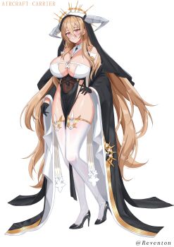 1girl absurdres artist_name azur_lane bare_shoulders black_gloves black_shoes blonde_hair breast_cutout breasts chinese_commentary cleavage commentary_request covered_navel dress fake_horns full_body gloves habit hair_between_eyes half_gloves hand_on_own_hip high_heels highres horns huge_breasts implacable_(azur_lane) long_hair long_hair_between_eyes long_sleeves looking_at_viewer no_panties nun pelvic_curtain red_eyes revealing_clothes reventon shiny_skin shoes simple_background solo thighhighs two-tone_dress very_long_hair white_background white_horns white_thighhighs wide_sleeves