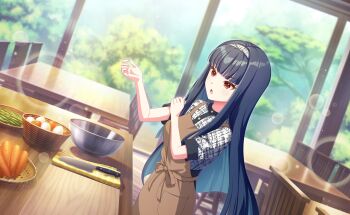 Rule 34 | 1girl, apron, black hair, blunt bangs, blurry, blurry background, blush, commentary request, cooking, day, food, game cg, hairband, highres, indoors, long hair, official art, open mouth, senju koyomi, solo, standing, table, third-party source, very long hair, window, world dai star