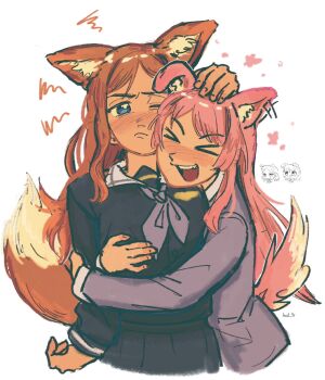 &gt;_&lt; 2girls animal_ears bang_dream! bang_dream!_it&#039;s_mygo!!!!! blue_eyes blue_shirt blue_skirt brown_hair chihaya_anon closed_eyes dog_ears dog_girl dog_tail fang fox_ears fox_girl fox_tail grey_jacket grey_neckerchief hailerp haneoka_school_uniform headpat highres hug jacket long_hair long_sleeves multiple_girls nagasaki_soyo neckerchief one_eye_closed open_mouth pink_hair pleated_skirt school_uniform shirt sidelocks simple_background skirt spoken_squiggle squiggle tail teeth tsukinomori_school_uniform upper_teeth_only white_background yuri