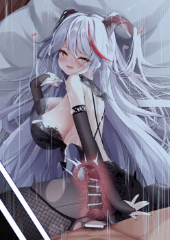 1boy 1girl aegir_(azur_lane) alternate_costume azur_lane backless_dress backless_outfit bare_shoulders bareback black_dress black_gloves breasts bridal_gauntlets cum cum_in_pussy dress ejaculation fine_fabric_emphasis gloves hair_on_horn heart hetero internal_cumshot large_breasts long_hair looking_at_viewer lying madotsukumo male_pubic_hair multicolored_hair on_side penis pubic_hair red_hair sex two-tone_hair vaginal very_long_hair white_hair x-ray yellow_eyes