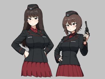 Rule 34 | 2girls, breasts, brown eyes, brown hair, buttons, cocktiel77, double-breasted, garrison cap, girls und panzer, grey background, gun, hands on own hips, hat, holding, holding gun, holding weapon, kuromorimine military uniform, large breasts, long hair, long sleeves, looking at viewer, mother and daughter, multiple girls, nishizumi maho, nishizumi shiho, pleated skirt, red skirt, short hair, simple background, skirt, weapon