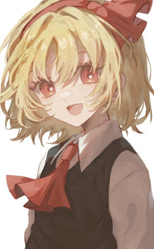 1girl absurdres ascot black_vest blonde_hair collared_shirt commentary_request eyelashes hair_between_eyes hair_intakes hairband highres long_sleeves open_mouth red_ascot red_eyes red_hairband riri_hashi rumia shirt short_hair simple_background smile solo touhou vest white_background white_shirt