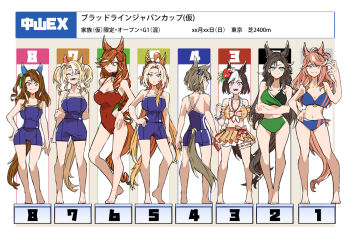 6+girls ahoge alternate_costume animal_ears ass asuka_(junerabitts) barefoot bikini black_hair blonde_hair blue_eyes blush breasts brown_hair cheval_grand_(umamusume) cleavage clenched_hands closed_mouth commentary_request full_body fusaichi_pandora_(umamusume) hair_between_eyes hair_ornament horse_ears horse_tail king_halo_(umamusume) large_breasts long_hair medium_breasts montjeu_(umamusume) multiple_girls orfevre_(umamusume) shorts smile special_week_(umamusume) swimsuit tail twintails umamusume