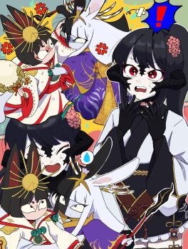 1boy 1girl 1other animal_ears asahi_sas_brutus au_ra black_hair black_scales black_skin blunt_bangs bowl_cut brother_and_sister colored_skin commission commissioner_upload dragon_horns final_fantasy final_fantasy_xiv flower fox_ears glaa_da gloves hair_flower hair_ornament high_ponytail highres holding holding_smoking_pipe horns hyur izumi_tol_amulius japanese_clothes kimono kiseru long_hair mismatched_animal_ear_colors mole multicolored_hair multicolored_skin open_mouth ponytail purple_kimono rabbit_ears red_trim sash scales short_hair siblings skeb_commission smoking_pipe split-color_hair split-color_skin straight_hair tsukuyomi_(ff14) two-tone_kimono two-tone_skin warrior_of_light_(ff14) white_skin yellow_collar yotsuyu_goe_brutus yukata