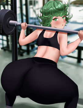 1girl anm20 artist_name ass ass_focus back blush cameltoe curly_hair exercising green_eyes green_hair highres huge_ass looking_at_viewer looking_back one-punch_man pants short_hair solo sports_bra squatting tatsumaki thick_thighs thighs weightlifting weights yoga_pants