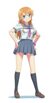 1girl absurdres black_socks blue_eyes brown_shoes closed_mouth commentary english_commentary full_body grey_sailor_collar grey_skirt hair_ornament hairclip hands_on_own_hips highres kneehighs kousaka_kirino kousaka_kirino&#039;s_school_uniform loafers long_hair looking_at_viewer midriff_peek neckerchief orange_hair ore_no_imouto_ga_konna_ni_kawaii_wake_ga_nai parallel_hairclips pink_neckerchief pleated_skirt purple_scrunchie sailor_collar scarletsky school_uniform scrunchie serafuku shirt shoes simple_background skirt socks solo standing white_background white_shirt wrist_scrunchie