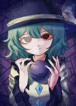 1girl black_eyes black_hat blouse bow buttons chamusuke_(nesicoso_suke) closed_mouth diamond_button eyeball frilled_shirt_collar frilled_sleeves frills green_hair hair_between_eyes hat hat_bow hat_ribbon highres komeiji_koishi looking_at_viewer ribbon shirt short_hair simple_background third_eye touhou yellow_bow yellow_ribbon yellow_shirt