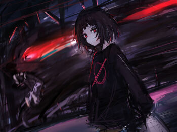 Rule 34 | 1girl, absurdres, black shirt, blurry, blurry background, brown hair, chuhaibane, closed mouth, expressionless, highres, looking at viewer, messy hair, milk-chan (milk series), milk inside a bag of milk inside a bag of milk, red eyes, shirt, short hair, sketch, solo