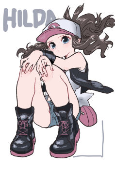 1girl baseball_cap black_vest blue_eyes brown_hair character_name closed_mouth curly_hair denim denim_shorts hat high_ponytail highres hilda_(pokemon) long_hair looking_at_viewer minapo nintendo pokemon pokemon_bw ponytail revision shirt short_shorts shorts simple_background sleeveless sleeveless_shirt solo vest white_background white_shirt