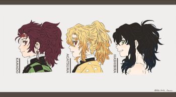 3boys agatsuma_zenitsu alternate_hairstyle blonde_hair brown_eyes brown_hair character_name checkered_clothes closed_mouth colored_tips cropped_shoulders demon_slayer_uniform earrings excited from_side green_eyes grin hair_slicked_back hanafuda_earrings haori hashibira_inosuke japanese_clothes jewelry kamado_tanjirou kimetsu_no_yaiba kkk_0mg letterboxed male_focus medium_hair multicolored_hair multiple_boys no_mask parted_lips ponytail profile queue red_eyes scar scar_on_face scar_on_forehead sidelocks sideways_glance simple_background smile streaked_hair triangle_print twitter_username worried