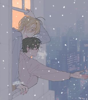 Rule 34 | 2boys, a co pi, arm up, ash lynx, banana fish, black hair, blonde hair, brown eyes, building, cityscape, commentary request, grey sweater, highres, long sleeves, looking down, male focus, multiple boys, okumura eiji, open mouth, skyscraper, smile, snowing, sweater, window, winter