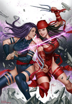 bandana black_hair breasts commentary daredevil_(series) elbow_gloves elektra_natchios english_commentary gloves halter_leotard halterneck highleg highleg_leotard highres holding holding_weapon in-hyuk_lee large_breasts leotard long_hair marvel psylocke purple_eyes purple_hair purple_leotard red_bandana sai_(weapon) sash superhero_costume sword thighhighs waist_sash weapon x-men