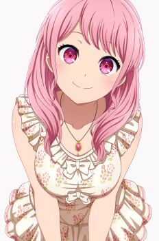 1girl bang_dream! blush braid breasts collar dress feet_out_of_frame hair_down highres jewelry large_breasts long_hair long_sleeves looking_at_viewer maruyama_aya noshimurin pink_eyes pink_hair simple_background single_braid smile solo standing white_dress