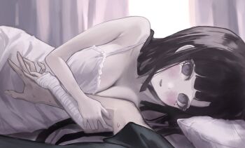 1girl bandaged_arm bandages black_hair blush breasts cleavage commentary_request danganronpa_(series) danganronpa_2:_goodbye_despair facing_viewer large_breasts long_hair lying mole nightgown open_mouth pov shirt shiton_(2016sanhime) sleeveless smile solo spaghetti_strap tsumiki_mikan upper_body