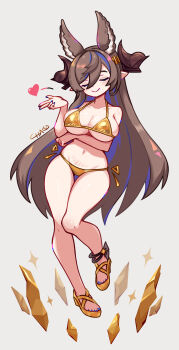 1girl animal_ears arm_under_breasts bikini blue_hair blue_nails blue_streaks blush breasts brown_hair chaoschao closed_eyes closed_mouth collarbone commentary_request eyelashes fingernails full_body galleon_(granblue_fantasy) gold_bikini gold_sandals golden_week granblue_fantasy hair_between_eyes heart highres horns long_hair multicolored_hair nail_polish pointy_ears sandals signature simple_background smile solo streaked_hair swimsuit toenail_polish toenails toes two-tone_hair very_long_hair white_background