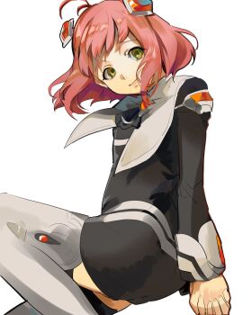 1girl 4me3ba_niku antenna_hair black_dress black_thighhighs boots commentary_request dress green_eyes grey_boots head_tilt headgear highres long_hair long_sleeves looking_at_viewer medium_hair momo_mizrahi own_hands_clasped own_hands_together pink_hair short_dress simple_background smile solo thigh_boots thighhighs white_background xenosaga