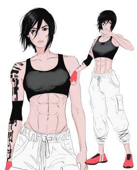 1girl abs arm_tattoo black_eyes black_hair black_sports_bra breasts cargo_pants commentary english_commentary facial_mark faith_connors fingerless_gloves gloves highres hip_bones midriff mirror&#039;s_edge_(series) navel pants red_gloves red_shoes shoes shoulder_tattoo single_fingerless_glove small_breasts sports_bra tattoo virtuware white_pants