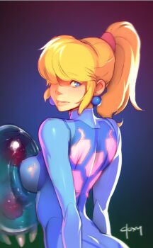 1girl back bad_id bad_tumblr_id blonde_hair blue_eyes bodysuit breast_press breasts cosplay doxy earrings female_focus hair_over_one_eye jewelry looking_back mario_(series) metroid metroid_(creature) metroid_larva neon_trim nintendo ponytail princess_peach samus_aran samus_aran_(cosplay) sideboob signature skin_tight smile solo super_mario_bros._1 zero_suit