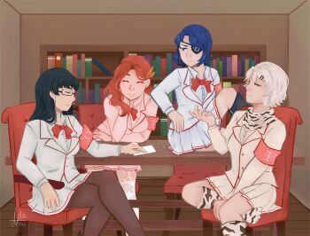 4girls akane_toriyasu animal_print animated animated_gif aoi_ryugoku armband bad_feet black_hair black_thighhighs blood blood_on_face bloody_tears blue_hair bookshelf breasts chair chromatic_aberration closed_mouth dark_persona desk dorae-mi eyepatch feather_hair_ornament feathers floral_tights glasses glitch hair_ornament kneehighs kuroko_kamenaga long_hair long_sleeves looking_at_viewer medium_breasts multiple_girls on_chair open_mouth orange_hair pantyhose scarf school_chair school_desk school_uniform shiromi_toriyasu short_hair skirt smile socks student_council_uniform thighhighs white_hair yandere_simulator zebra_print