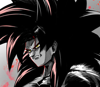 1boy aquiline_nose black_hair body_fur closed_mouth collarbone cropped_shoulders dragon_ball dragon_ball_gt hair_between_eyes highres long_hair male_focus monkey_boy muscular muscular_male nose pectorals portrait red_fur simple_background solo son_goku spiked_hair super_saiyan super_saiyan_4 yellow_eyes yuuri_(fukuroudou)