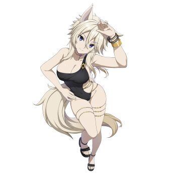 1girl animal_ears arm_up black_one-piece_swimsuit black_sandals bracelet breasts cleavage closed_mouth covered_navel dolphin_wave full_body game_asset groin hand_on_own_hip highres jewelry kage_no_jitsuryokusha_ni_naritakute! large_breasts looking_at_viewer non-web_source official_art one-piece_swimsuit purple_eyes sandals self-datamine single_strap smile solo swimsuit tail thigh_strap transparent_background wolf_ears wolf_girl wolf_tail zeta_(kagejitsu)