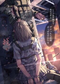 2girls 2others ambiguous_gender arms_behind_back cigarette commentary_request execution grey_hair gun highres holding holding_cigarette holding_gun holding_weapon huyunokure imminent_death long_sleeves military_uniform multiple_girls multiple_others original peril plaid_clothes plaid_skirt shirt short_hair short_sleeves sitting skirt speech_bubble translation_request wariza weapon white_shirt