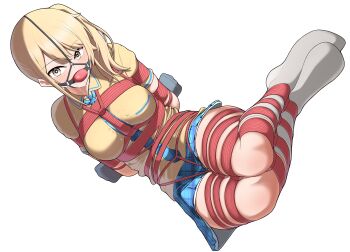 1girl arms_behind_back ball_gag bdsm blonde_hair blue_necktie bondage bound bound_arms bound_legs box_tie breasts brown_eyes crotch_rope drooling gag gag_harness gagged highres large_breasts long_hair looking_at_viewer necktie original pleated_skirt ponytail shibari shirt short_sleeves side_ponytail sitting skindentation skirt socks solo thighs tunaabyssal white_background white_socks yellow_shirt