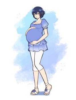 1girl absurdres alternate_costume blue_dress blue_eyes blue_hair breasts cleavage dress highres moonllita persona persona_4 pregnant shirogane_naoto short_hair