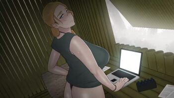 1girl animated ass blonde_hair blue_eyes blush breasts claire_(ntrman) computer forehead glasses highres laptop large_breasts legs long_hair ntrman ponytail shirt solo tagme thighs thong video