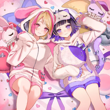 Rule 34 | 2girls, animal ear hood, animal ears, animal hood, asa going, blonde hair, blush, character request, closed mouth, commentary, commentary request, commission, copyright request, english commentary, fake animal ears, fur jacket, highres, holding, holding stuffed toy, hood, hood up, hooded jacket, jacket, long sleeves, looking at viewer, lying, mixed-language commentary, multicolored hair, multiple girls, on back, pink eyes, pink streaks, purple eyes, purple hair, rabbit ears, short hair, sleeves past wrists, smile, streaked hair, stuffed animal, stuffed cat, stuffed rabbit, stuffed toy, swept bangs, white jacket, zipper