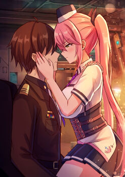 1boy 1girl absurdres black_skirt breasts brown_hair closed_mouth commander_(nikke) formal_clothes goddess_of_victory:_nikke green_eyes hair_between_eyes hat highres indoors jimpu6 large_breasts long_hair long_sleeves looking_at_another military_uniform pink_hair pleated_skirt quiry_(nikke) shirt short_hair short_sleeves sidelocks sitting sitting_on_lap sitting_on_person skirt squinting suit twintails white_shirt