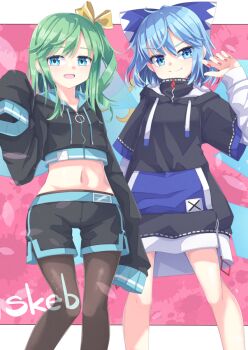 >:) 2girls :d alternate_costume black_hoodie black_jacket black_shorts blue_bow blue_eyes blue_hair blush bow brown_bow brown_pantyhose cirno closed_mouth commentary_request commission cropped_jacket daiyousei drawstring feet_out_of_frame grey_hair groin hair_between_eyes hair_bow highres hood hood_down hooded_jacket hoodie jacket layered_sleeves long_sleeves looking_at_viewer multiple_girls nail_polish navel one_side_up open_mouth pantyhose pantyhose_under_shorts puffy_long_sleeves puffy_sleeves red_nails short_over_long_sleeves short_sleeves shorts skeb_commission sleeves_past_fingers sleeves_past_wrists smile standing touhou uumaru v-shaped_eyebrows