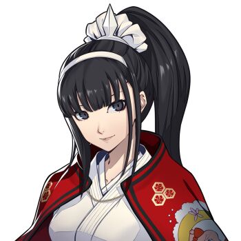 Rule 34 | 1girl, black eyes, black hair, cape, commentary, commission, dougi, english commentary, hairband, highres, long hair, looking at viewer, magadori kyoshika, parody, persona, ponytail, red cape, soejima shigenori (style), solo, style parody, the hundred line -last defense academy-, upper body, variant set, wanderstillart, white background, white hairband