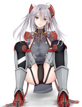 1girl antenna_hair azur_lane black_leotard boots breasts cross cross_earrings earrings genius_1237to gloves grey_hair grey_jacket hair_between_eyes headgear highres iron_cross jacket jewelry large_breasts leotard leotard_under_clothes long_hair long_sleeves looking_at_viewer mole mole_on_breast multicolored_hair prinz_eugen_(azur_lane) red_hair sideboob solo squatting streaked_hair thigh_boots thighhighs two_side_up very_long_hair white_background