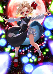 Rule 34 | 1girl, absurdres, black skirt, black vest, blonde hair, bloomers, calpis118, commentary, danmaku, hair ribbon, highres, looking at viewer, moon, open mouth, outstretched arms, red eyes, red moon, red ribbon, ribbon, rumia, shirt, short hair, skirt, smile, solo, touhou, underwear, vest, white bloomers, white shirt