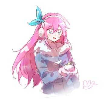 Rule 34 | 1girl, :d, alternate costume, alternate universe, animal print, arm at side, aubrey (faraway) (omori), aubrey (omori), blue bow, blue eyes, blue jacket, bow, bow hairband, chinese commentary, commentary request, cropped torso, double-parted bangs, earmuffs, forest bunny (omori), fur-trimmed jacket, fur trim, hair between eyes, hairband, hand up, highres, jacket, light blush, long hair, long sleeves, looking ahead, mittens, omori, open mouth, pink mittens, puffy long sleeves, puffy sleeves, rabbit print, sidelocks, simple background, smile, solo, straight hair, tareme, tongue, very long hair, white background, xiamuruxin