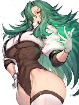 1girl abs breasts chiyu_mahou_no_machigatta_tsukaikata contrapposto fumio_(rsqkr) glowing glowing_hand green_hair hair_over_one_eye hand_on_own_hip highres large_breasts leotard lips long_hair magic parted_lips red_eyes rose_(chiyu_mahou) sidelocks thighhighs toned toned_female white_thighhighs