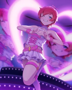 1girl absurdres bare_shoulders belt blue_eyes blush boots breasts cleavage cleavage_cutout clothing_cutout frilled_skirt frills from_below grin groin heart heart_hands highres idolmaster idolmaster_million_live! jonero99 julia_(idolmaster) looking_at_viewer luxury_(idolmaster) midriff_peek million_dreams_(idolmaster) neon_lights one_eye_closed pink_belt red_hair screen_zoom shirt short_hair skirt sleeveless sleeveless_shirt smile solo stage standing standing_on_one_leg thigh_strap wristband