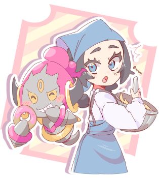 1girl ansha_(pokemon) batter black_hair blue_eyes blue_headscarf blush blush_stickers bowl closed_eyes colored_sclera donut food gen_6_pokemon grin headscarf highres holding holding_bowl holding_donut holding_food holding_whisk hoopa hoopa_(confined) horns ichigomilk_0312 legendary_pokemon long_hair long_sleeves mixing mythical_pokemon nintendo open_mouth pokemon pokemon_(creature) pokemon_legends:_z-a shirt smile teeth whisk white_shirt yellow_sclera