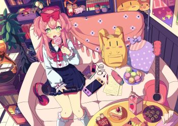 1girl acoustic_guitar backpack bag bookshelf bow bowtie cake candy cellphone commission cookie couch crossed_bangs cushion digital_media_player drinking_straw food green_eyes guitar heart highres holding holding_phone indoors instrument ipod ipod_nano lollipop long_sleeves macaron milk_carton nintendo_switch open_mouth original phone phonograph pink_hair plate pleated_skirt pocky poster_(object) red_bow red_bowtie sitting skeb_commission skirt smartphone solo table tissue_box two_side_up umesaka_huru unworn_backpack unworn_bag