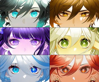1girl 2girls 4girls blue_eyes blue_hair blue_pupils blunt_bangs braid brown_eyes brown_hair close-up commentary_request earrings flower flower_ornament furina_(genshin_impact) genshin_impact glowing glowing_eyes gradient_hair green_eyes green_hair hair_between_eyes hair_ornament heterochromia jewelry long_hair looking_at_viewer mavuika_(genshin_impact) mole mole_under_eye momonga_damon multicolored_eyes multicolored_hair multiple_girls nahida_(genshin_impact) purple_eyes purple_flower purple_hair raiden_shogun red_eyes red_hair shade side_braids solo streaked_hair symbol-shaped_pupils upper_body venti_(genshin_impact) wavy_hair zhongli_(genshin_impact)