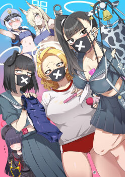 6+girls ahoge animal_ears animal_print aoi_manabu artist_logo bikini black_gloves black_hair black_hat black_serafuku blonde_hair blue_archive blue_background blue_bikini blue_eyes blue_hat blue_one-piece_swimsuit blue_serafuku blunt_bangs breasts brown_eyes buruma cleavage condom condom_wrapper cow_print cuffs faceless faceless_female fingerless_gloves gloves gluteal_fold gradient_background gym_uniform hair_over_one_eye halo handcuffs hat holding holding_pregnancy_test holding_unworn_clothes justice_task_force_member_(blue_archive) kanna_(blue_archive) large_breasts logo long_hair looking_at_viewer lube mask medium_hair micro_bikini midriff mouth_mask multiple_girls navel neckerchief old_school_swimsuit one-piece_swimsuit pink_background pleated_skirt police_hat ponytail pregnancy_test red_buruma red_neckerchief sailor_collar school_swimsuit school_uniform serafuku shirt skirt sleeves_rolled_up small_breasts stomach sukeban_(mg)_(blue_archive) sukeban_(smg)_(blue_archive) sukeban_(sr)_(blue_archive) swimsuit underboob valkyrie_police_academy_student_(blue_archive) white_hair white_neckerchief white_shirt yellow_bikini yellow_eyes