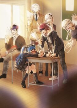 3boys 3girls :d ^_^ ahoge amemiya_darumi aotsuki_eito black_bow black_collar black_hair black_hairband black_jacket black_necktie black_pants black_pantyhose black_shoes black_skirt black_streaks black_sweater blonde_hair blue_eyes blue_hair bow bow_hairband braid brown_sweater chair closed_eyes collar collared_shirt commentary_request desk drawstring earrings eye_print eyepatch face_piercing facial_mark glasses grey_eyes grey_hair grey_skirt guitar hair_bow hairband heart heart_facial_mark highres holding holding_guitar holding_instrument holding_paper hood hoodie indoors instrument jacket jacket_over_hoodie jewelry kawana_tsubasa kirifuji_nozomi long_hair looking_at_viewer makeup multicolored_hair multiple_boys multiple_girls necktie nnnnnnnntyan omokage_yugamu on_chair open_clothes open_jacket open_mouth pants pantyhose paper piercing plaid_clothes plaid_pants ponytail print_eyepatch red_hair school school_chair school_desk shirt shoes short_hair skirt smile streaked_hair sumino_takumi sweater the_hundred_line_-last_defense_academy- twintails two-tone_hair waving white_hoodie white_shirt white_shoes