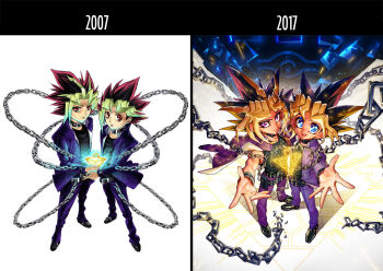 2007 2017 2boys artist_name artist_progress belt belt_collar black_belt black_collar black_shirt black_shoes blonde_streaks blue_eyes bracelet breaking bright_pupils broken broken_chain chain closed_mouth collar dual_persona floating_clothes from_above full_body glowing hari_(quartzshow) jacket jacket_around_neck jewelry light_particles long_sleeves looking_at_viewer looking_up male_focus millennium_puzzle multicolored_hair multiple_belts multiple_boys muto_yugi open_hands open_mouth outstretched_arms pants purple_eyes purple_jacket purple_pants reaching reaching_towards_viewer red_eyes redrawn shirt shoes short_hair side-by-side sleeveless sleeveless_shirt smile spiked_hair standing streaked_hair studded_belt studded_bracelet teeth two-sided_fabric two-sided_jacket upper_teeth_only white_pupils wrist_belt yami_yugi yu-gi-oh!