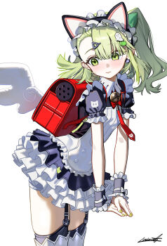 Rule 34 | 1girl, animal ear hairband, animal ears, bag, bell, black dress, black garter straps, blush, cat ear hairband, cat ears, dancing, dress, earrings, fake animal ears, garter straps, ghost hair ornament, green eyes, green hair, green nails, hair ornament, hairband, heart, heart earrings, highres, jewelry, luicent, maid, maid headdress, multiple hair clips, neck bell, necktie, official alternate costume, red bag, red necktie, simple background, solo, sunna (afternoon tea break) (zenless zone zero), sunna (zenless zone zero), triangle hair ornament, white background, white wings, winged bag, wings, zenless zone zero