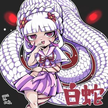 1girl black_background byakuda_(kemono_friends) flower hair_flower hair_ornament hashtag-only_commentary kemono_friends long_hair looking_at_viewer neck_ribbon noda_ryo nontraditional_miko red_eyes ribbon school_uniform serafuku simple_background skirt slit_pupils snake_girl snake_tail solo string tail white_hair