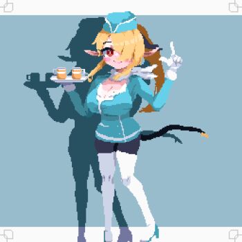 1girl ^_^ animal_ears animated animated_gif aqua_hat aqua_jacket birdman46049238 black_pants blonde_hair blush_stickers boots breasts cleavage closed_eyes commission cup dancing flight_attendant_hat gloves hat holding holding_tray index_finger_raised jacket large_breasts long_hair looping_animation low_neckline mole mole_on_breast neckerchief original pants ponytail red_eyes smile solo tail thigh_boots tray white_boots white_gloves white_neckerchief